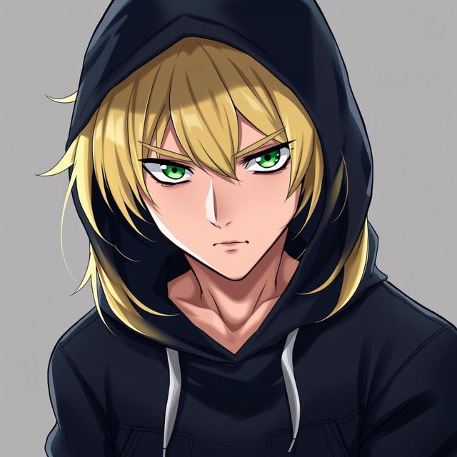 A tall adult male character illustrated in an anime art style, showcasing striking blonde hair and intense green eyes that stand out