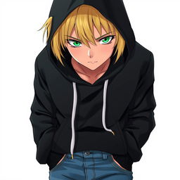 A tall adult male character illustrated in an anime art style, showcasing striking blonde hair and intense green eyes that stand out