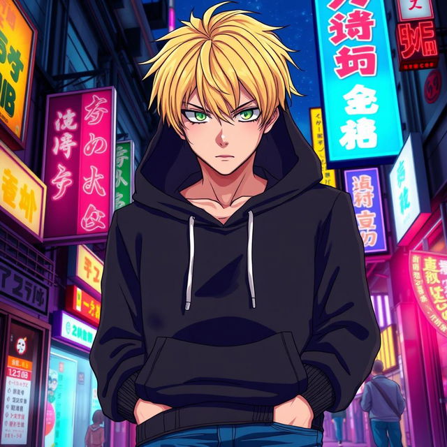 A tall adult male character illustrated in an anime art style, showcasing vibrant blonde hair and piercing green eyes