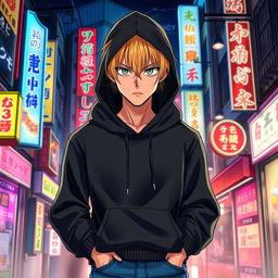 A tall adult male character illustrated in an anime art style, showcasing vibrant blonde hair and piercing green eyes