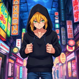 A tall adult male character illustrated in an anime art style, showcasing vibrant blonde hair and piercing green eyes