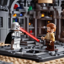 A high-quality digital art image depicting a Lego Star Wars duel between Obi-Wan Kenobi and Darth Vader in the Death Star's hangar