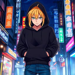 A tall adult male character illustrated in an anime art style, showcasing vibrant blonde hair and piercing green eyes