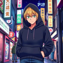 A tall adult male character illustrated in a manga art style, featuring striking blonde hair and vibrant green eyes