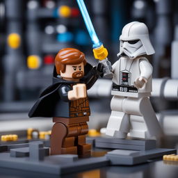 A high-quality digital art image depicting a Lego Star Wars duel between Obi-Wan Kenobi and Darth Vader in the Death Star's hangar