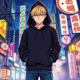 A tall adult male character illustrated in a manga art style, featuring striking blonde hair and vibrant green eyes