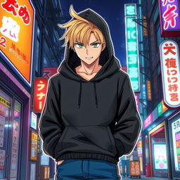 A tall adult male character illustrated in a manga art style, featuring striking blonde hair and vibrant green eyes