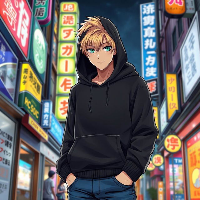 A tall adult male character illustrated in a manga art style, featuring striking blonde hair and vibrant green eyes