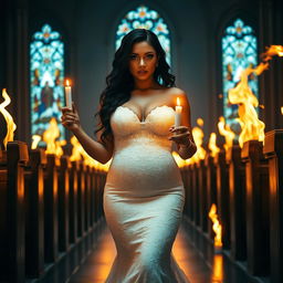 A beautiful curvy, sexy black-haired bride with sparkling light blue eyes walking toward the viewer, holding a single candle that casts a gentle glow in the dark church adorned with striking stained glass windows