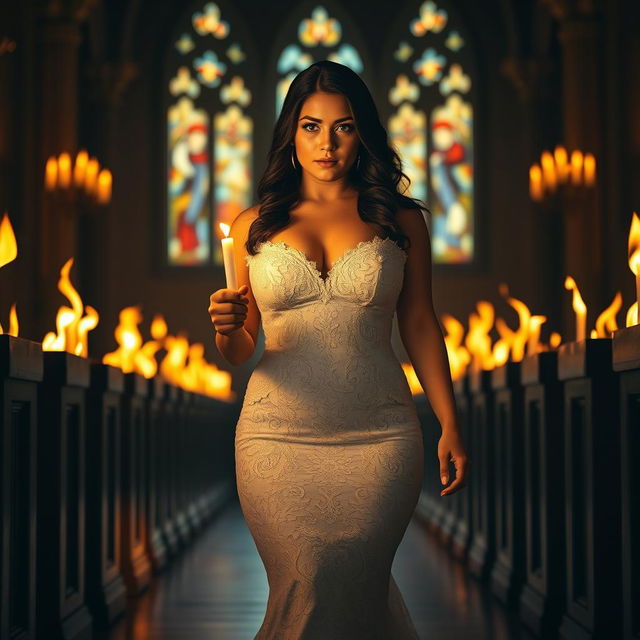 A beautiful curvy, sexy black-haired bride with sparkling light blue eyes walking toward the viewer, holding a single candle that casts a gentle glow in the dark church adorned with striking stained glass windows