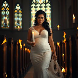 A beautiful curvy, sexy black-haired bride with sparkling light blue eyes walking toward the viewer, holding a single candle that casts a gentle glow in the dark church adorned with striking stained glass windows