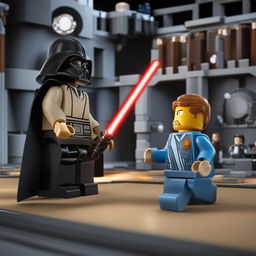 A high-quality digital art image depicting a Lego Star Wars duel between Obi-Wan Kenobi and Darth Vader in the Death Star's hangar