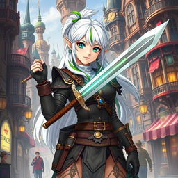 A half-high elf woman standing boldly in the midst of a bustling steampunk medieval city, wielding a beautifully crafted sword with confidence