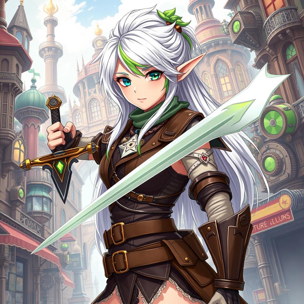 A half-high elf woman standing boldly in the midst of a bustling steampunk medieval city, wielding a beautifully crafted sword with confidence