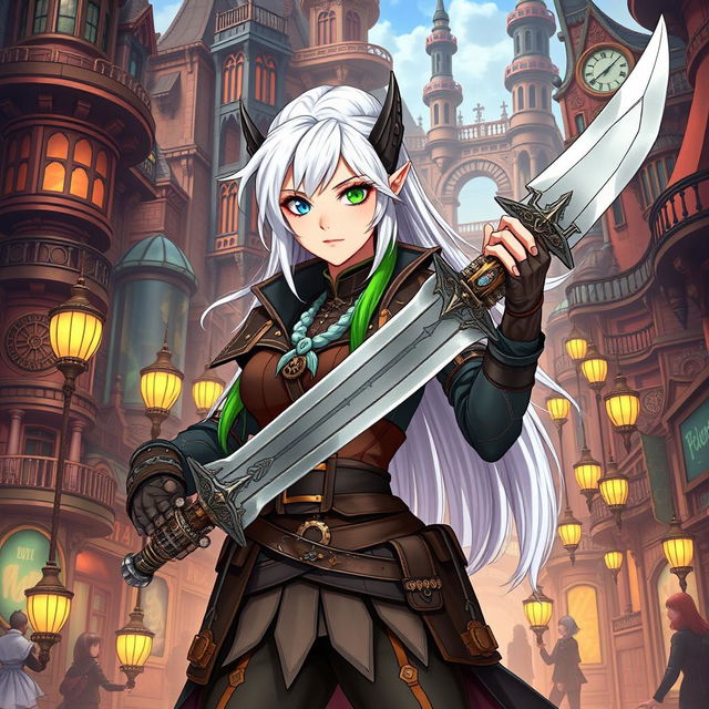 A half-high elf woman standing boldly in the midst of a bustling steampunk medieval city, wielding a beautifully crafted sword with confidence