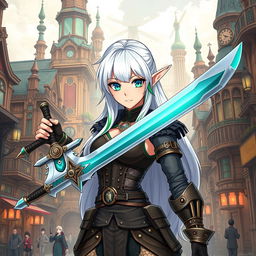 A half-high elf woman standing boldly in the midst of a bustling steampunk medieval city, wielding a beautifully crafted sword with confidence