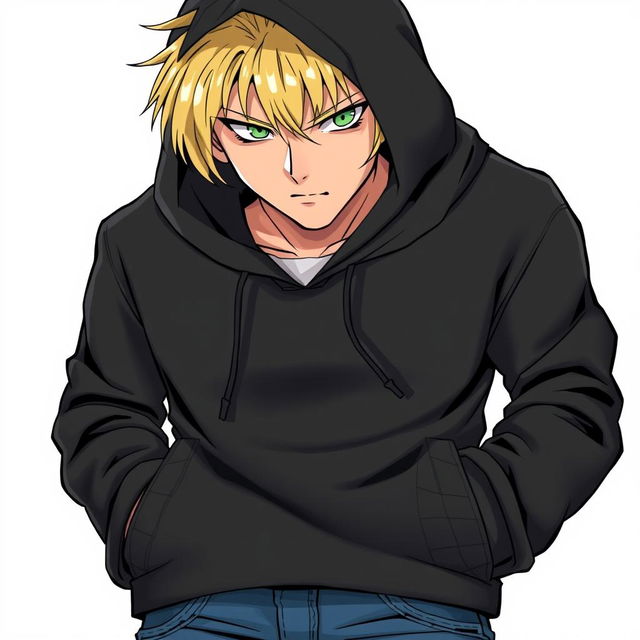 A tall adult male character depicted in a manga art style, characterized by striking blonde hair and captivating green eyes