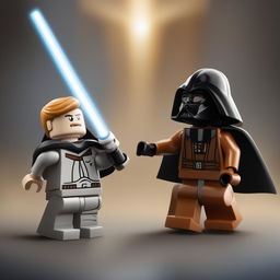 A high-quality digital art image focusing on the duel between Lego Obi-Wan Kenobi and Lego Darth Vader