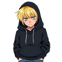 A tall adult male character depicted in a manga art style, characterized by striking blonde hair and captivating green eyes