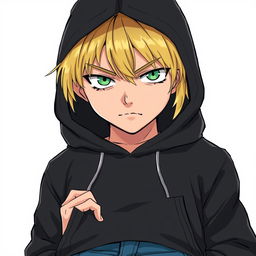 A tall adult male character depicted in a manga art style, characterized by striking blonde hair and captivating green eyes