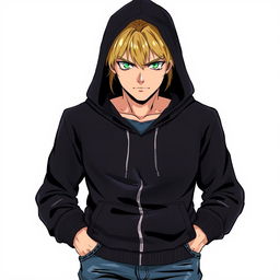 A tall adult male character depicted in a manga art style, characterized by striking blonde hair and captivating green eyes