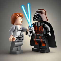 A high-quality digital art image focusing on the duel between Lego Obi-Wan Kenobi and Lego Darth Vader