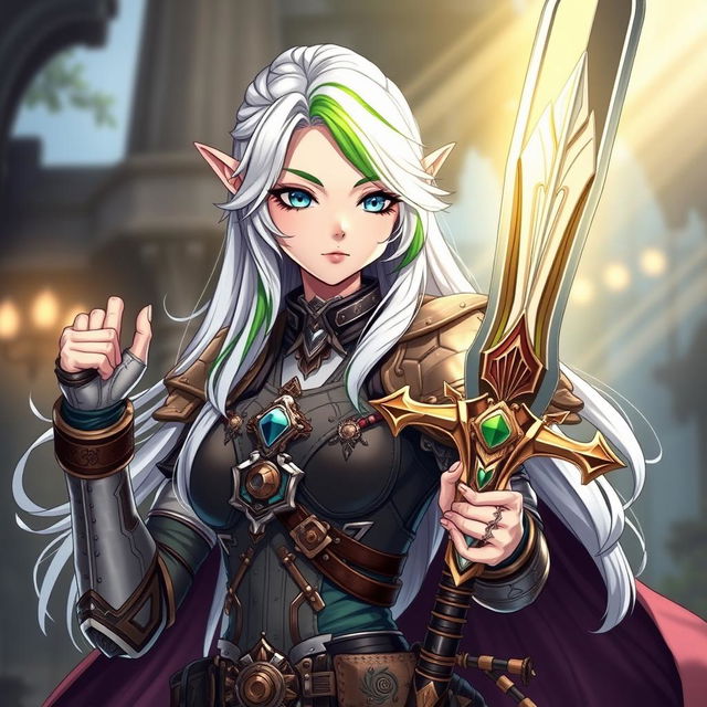 A half-high elf woman confidently holding a beautifully designed sword, embracing a striking steampunk style