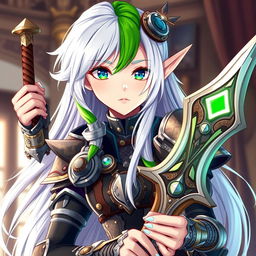 A half-high elf woman confidently holding a beautifully designed sword, embracing a striking steampunk style