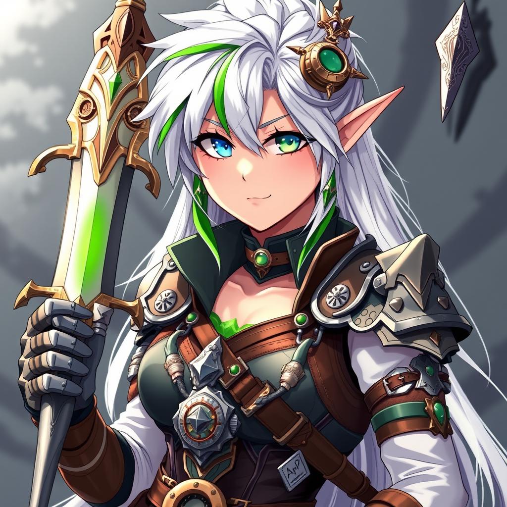 A half-high elf woman confidently holding a beautifully designed sword, embracing a striking steampunk style