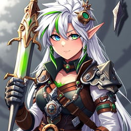 A half-high elf woman confidently holding a beautifully designed sword, embracing a striking steampunk style