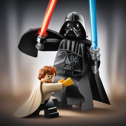 A high-quality digital art image focusing on the duel between Lego Obi-Wan Kenobi and Lego Darth Vader