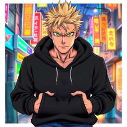 A tall adult male character depicted in a manga art style, showcasing striking blonde hair and vivid green eyes
