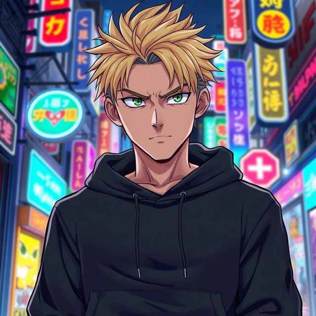 A tall adult male character depicted in a manga art style, showcasing striking blonde hair and vivid green eyes