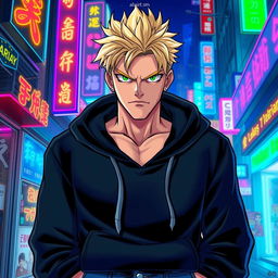 A tall adult male character depicted in a manga art style, showcasing striking blonde hair and vivid green eyes