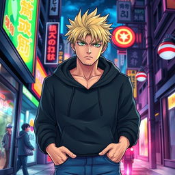 A tall adult male character depicted in a manga art style, showcasing striking blonde hair and vivid green eyes