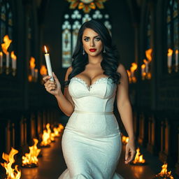 A beautiful curvy, shapely bride with black hair and sparkling light blue eyes enhanced with frosted aqua eye shadow, thick black eyeliner, and long black eyelashes, walking toward the viewer