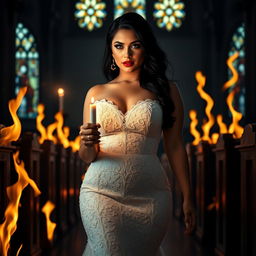 A beautiful curvy, shapely bride with black hair and sparkling light blue eyes enhanced with frosted aqua eye shadow, thick black eyeliner, and long black eyelashes, walking toward the viewer