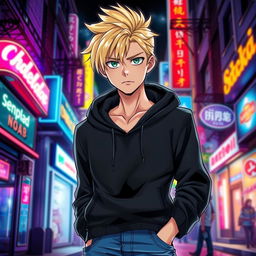 A tall adult male character illustrated in a manga art style, featuring striking blonde hair and vivid green eyes
