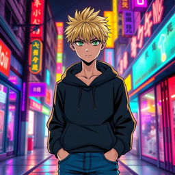 A tall adult male character illustrated in a manga art style, featuring striking blonde hair and vivid green eyes