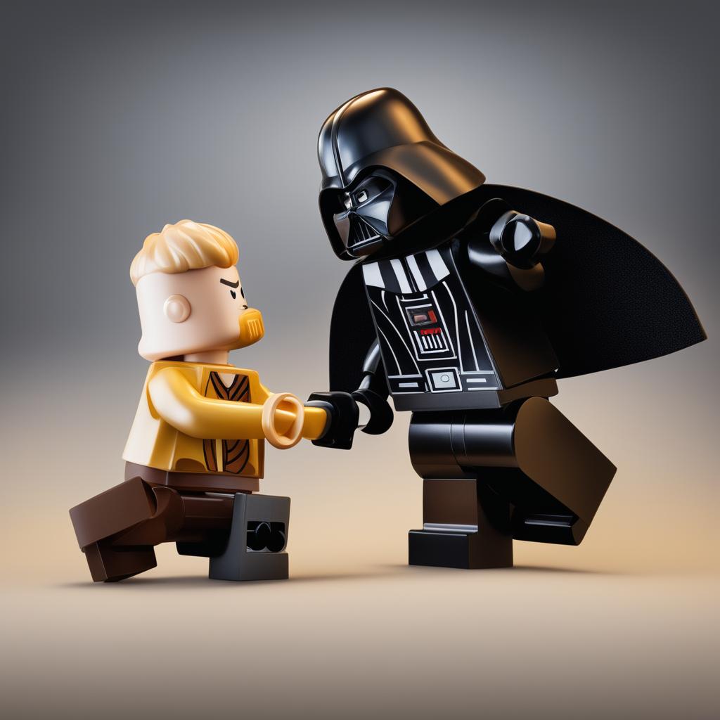 A high-quality digital art image focusing on the duel between Lego Obi-Wan Kenobi and Lego Darth Vader