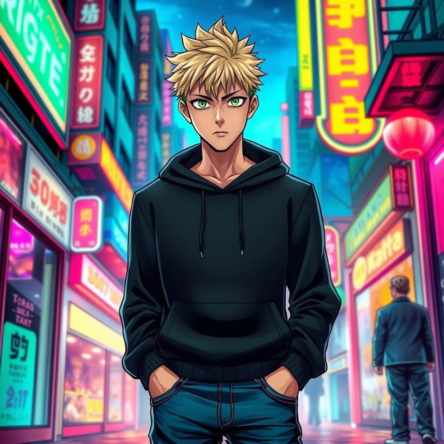 A tall adult male character illustrated in a manga art style, featuring striking blonde hair and vivid green eyes