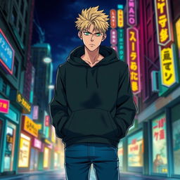 A tall adult male character illustrated in a manga art style, featuring striking blonde hair and vivid green eyes