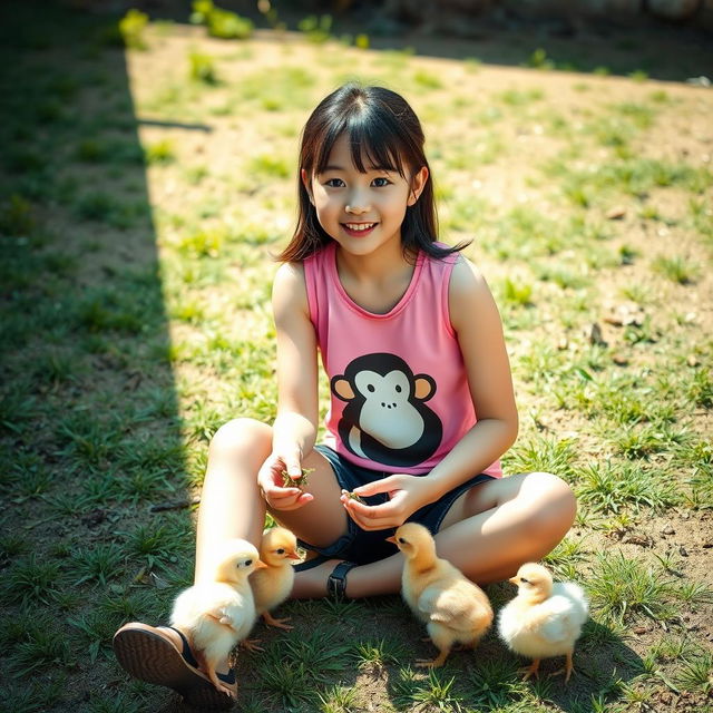 A beautiful Korean girl wearing a pink tank top featuring a monkey design, paired with black denim shorts and sandals