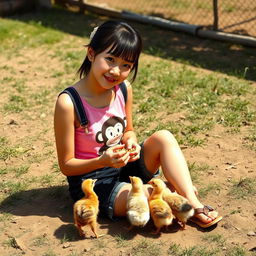 A beautiful Korean girl wearing a pink tank top featuring a monkey design, paired with black denim shorts and sandals