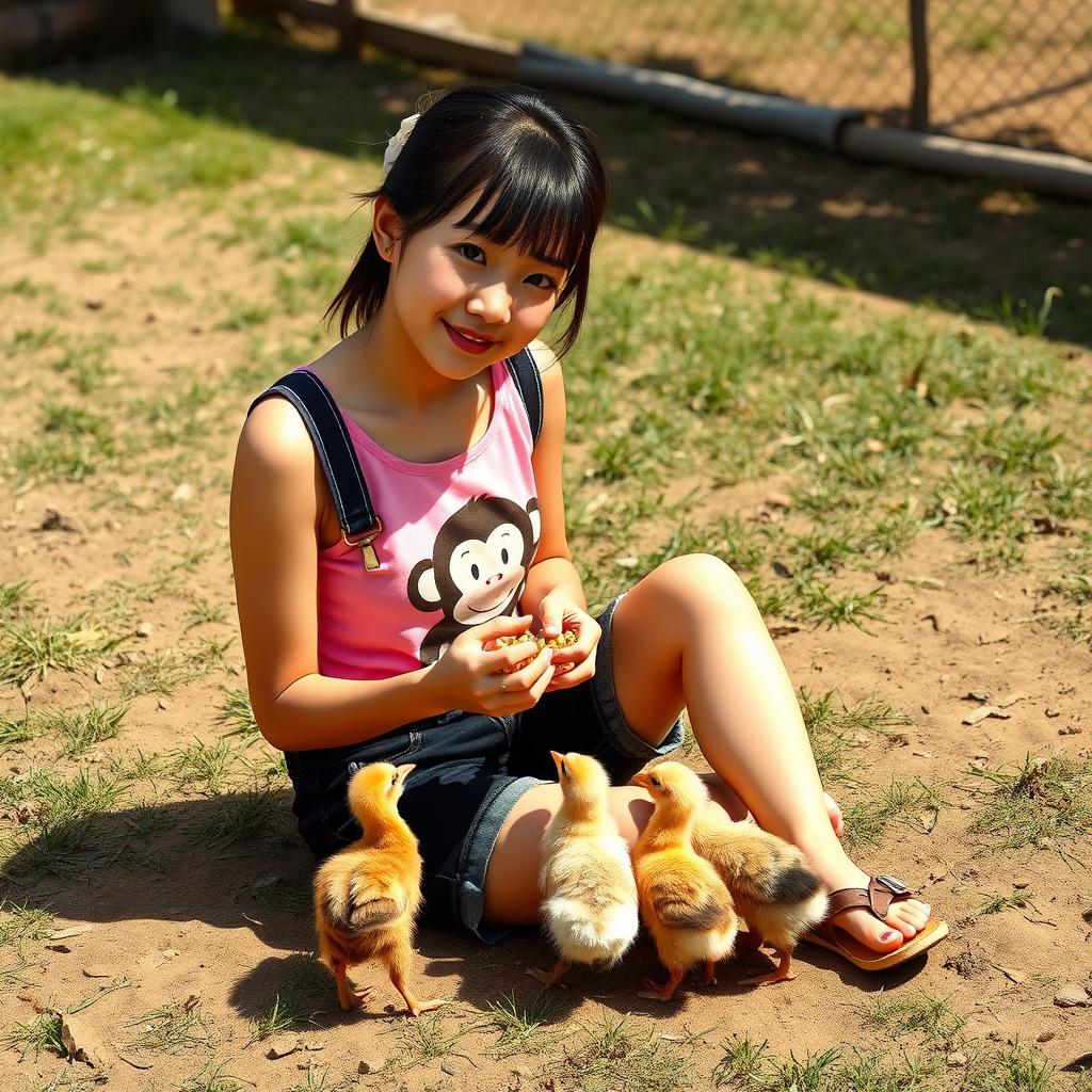 A beautiful Korean girl wearing a pink tank top featuring a monkey design, paired with black denim shorts and sandals