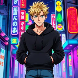 A tall adult male character depicted in a manga art style, characterized by striking blonde hair and bright green eyes