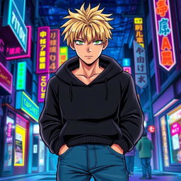A tall adult male character depicted in a manga art style, characterized by striking blonde hair and bright green eyes