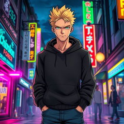 A tall adult male character depicted in a manga art style, characterized by striking blonde hair and bright green eyes