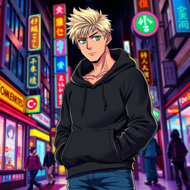 A tall adult male character depicted in a manga art style, characterized by striking blonde hair and bright green eyes