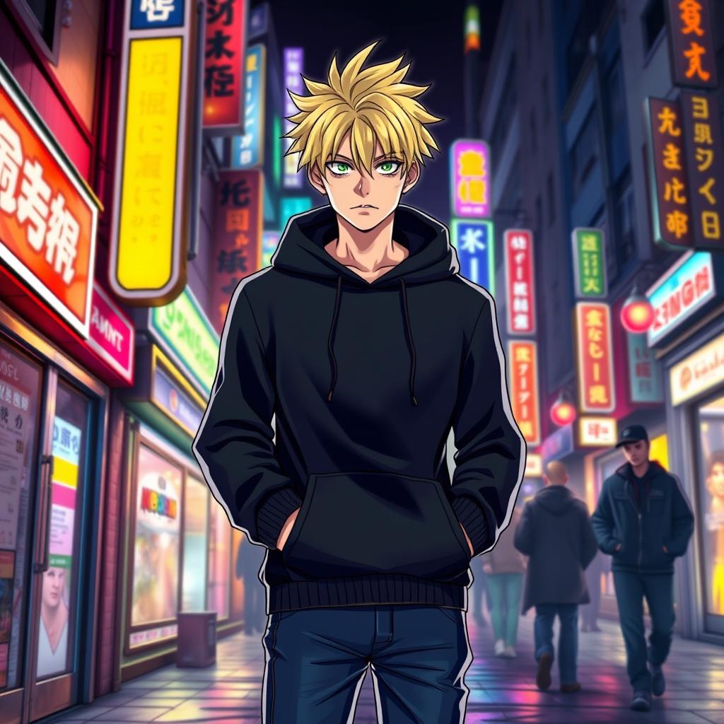 A tall adult male character illustrated in the Jujutsu Kaisen (JJK) art style, featuring striking blonde hair and bright green eyes